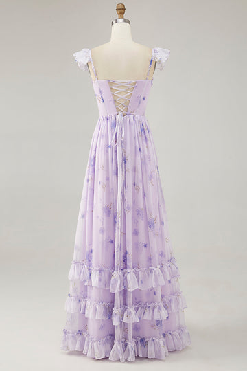 Vestido de dama de honor con volantes de una línea con estampado de flores de lavanda con abertura